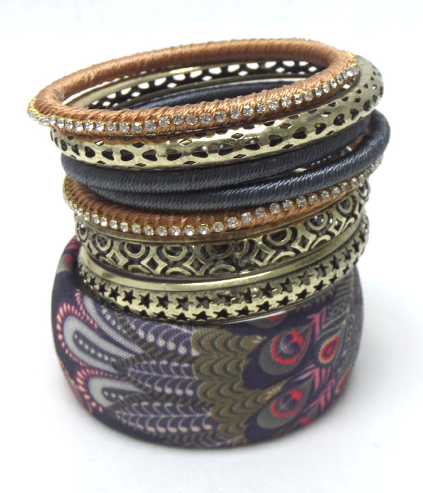 Vaintage look fabric wrap and crystal accent multi metal bangle bracelet set of 6
