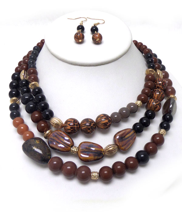 Multi ball and stone beads mix three layer necklace set