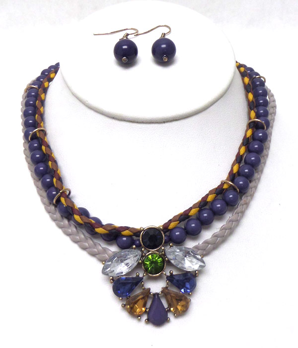 Facet stone and fabric and leatherette mix chain necklace set