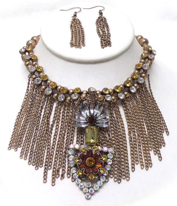 Multi crystal ball and chain tassel drop necklace set