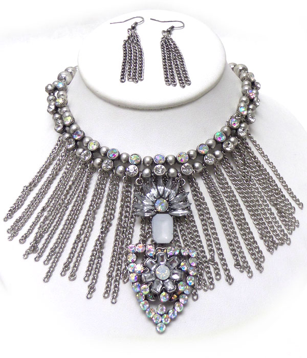 Multi crystal ball and chain tassel drop necklace set