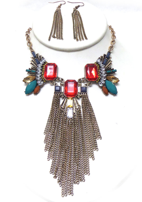 MULTI FACET GLASS AND TASSEL DROP NECKLACE SET