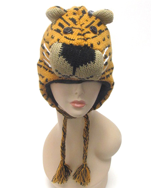 Knitted animal trapper fleece winter hat - tiger