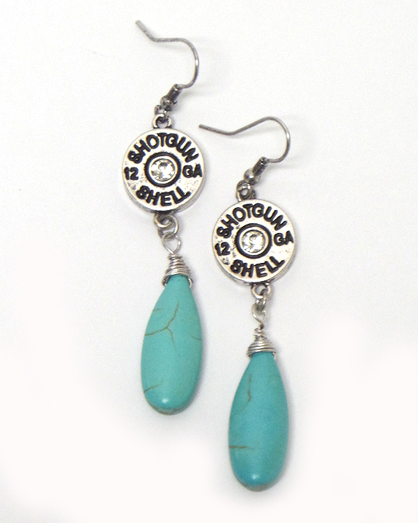 Western theme crystal center bullet and turquoise stone drop earring
