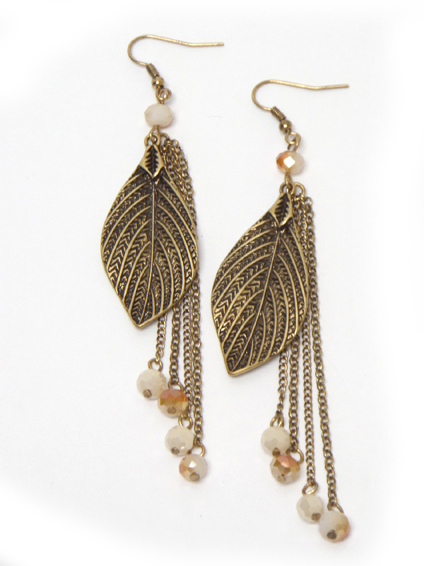 Metal leaf and chain tassel drop fish hook earrings