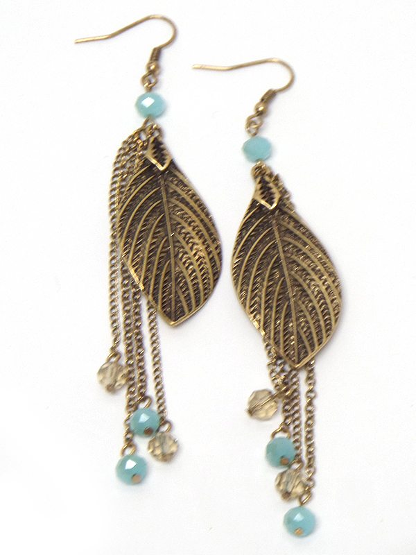 Metal leaf and chain tassel drop fish hook earrings