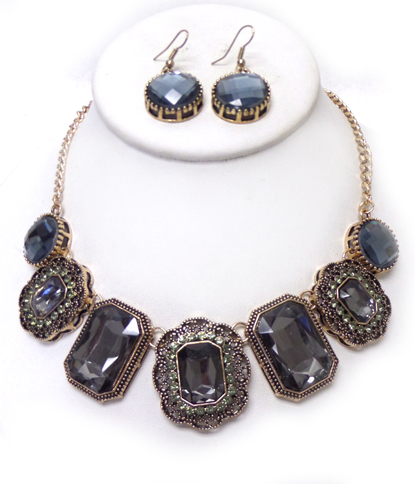 Facet glass and crystal mix link necklace set