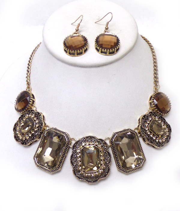Facet glass and crystal mix link necklace set