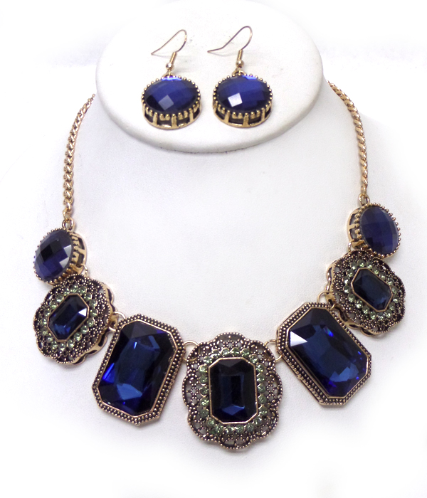 Facet glass and crystal mix link necklace set