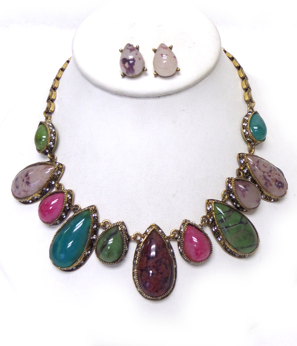 Multi teardrop stone and crystal necklace set
