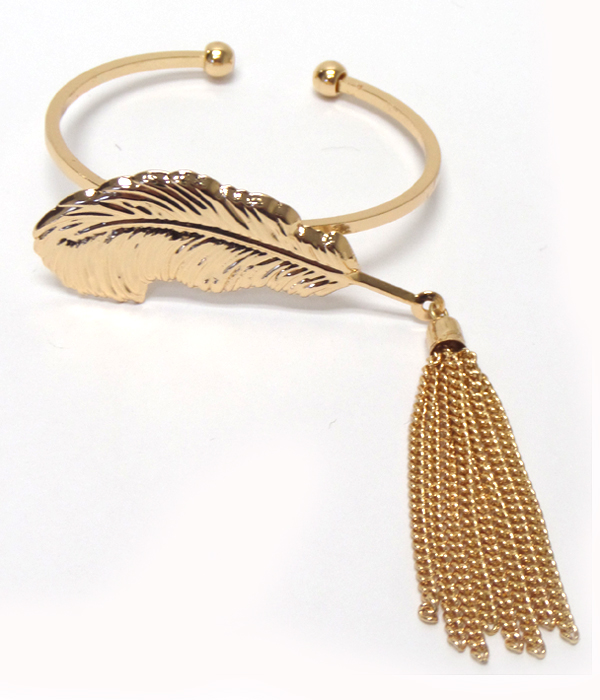 Metal feather with tassel drop cuff bangle bracelet