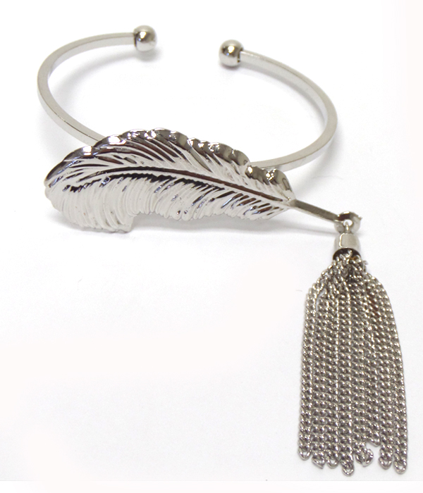 METAL FEATHER WITH TASSEL DROP CUFF BANGLE BRACELET