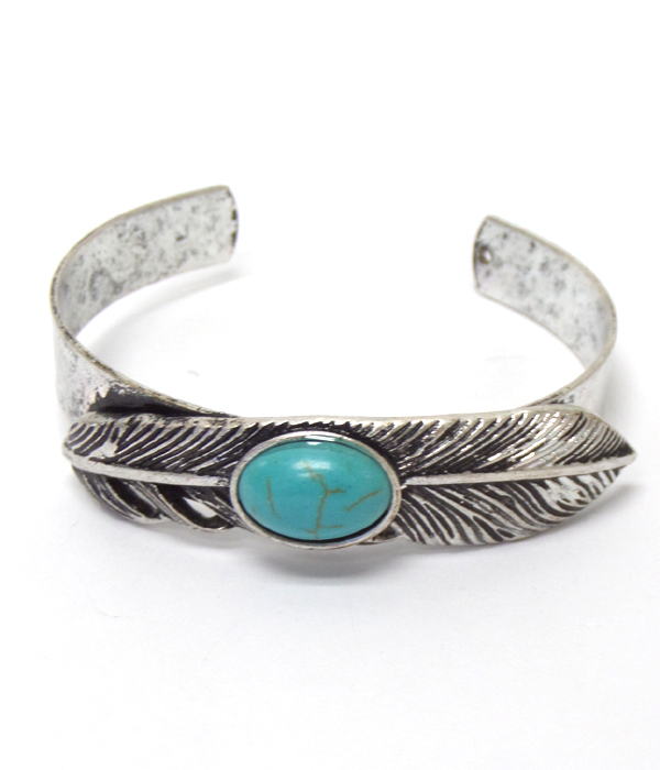 Feather with stone center cuff bangle bracelet