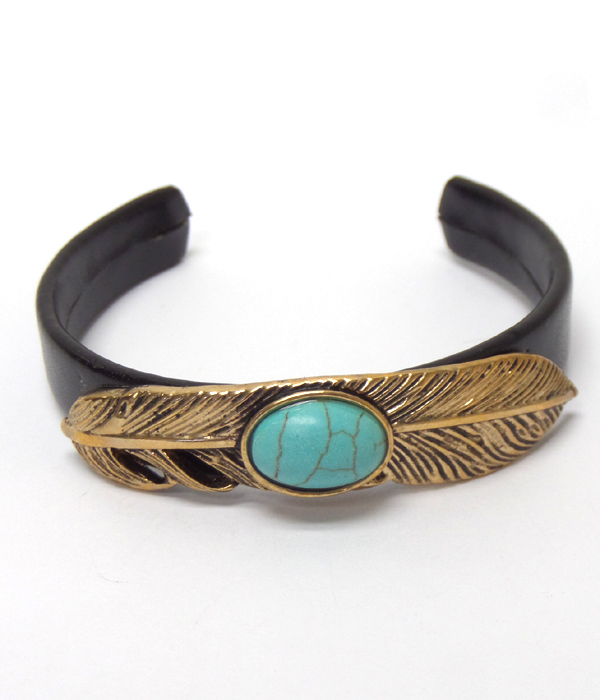 Feather with stone center cuff bangle bracelet