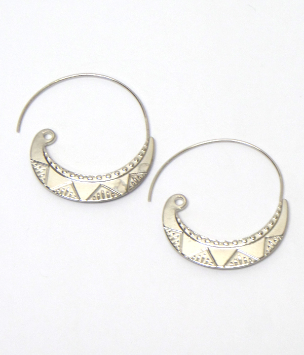 Aztec textured geometric crescent hoop earrings -western