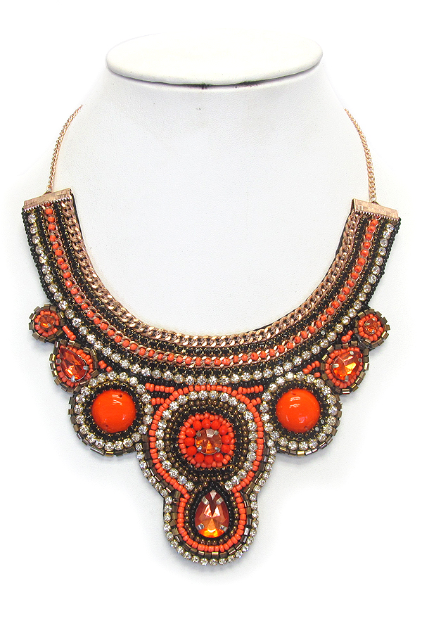 Multi seed bead and crystal mix bib necklace