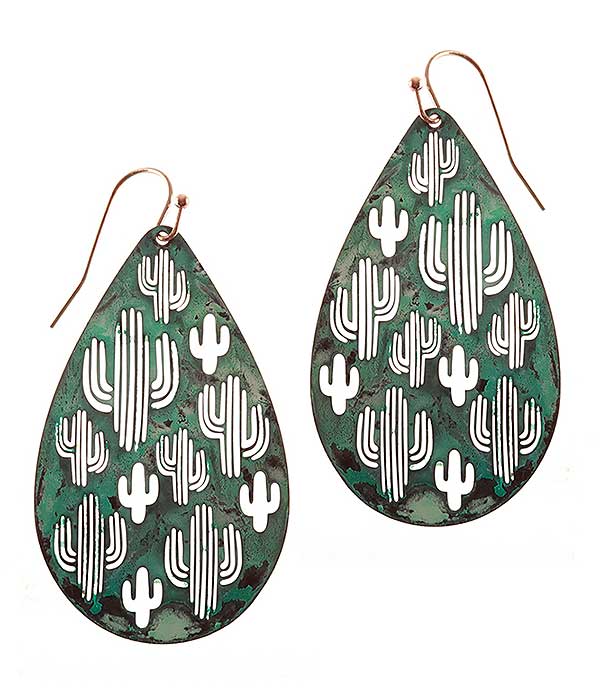 Metal filigree cactus teardrop earring