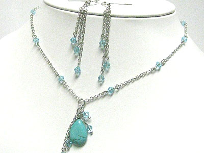 Natural stone tear drop and chain necklace earring set
