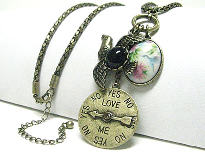 Vintage style burnish metal birds and yesno charm long necklace