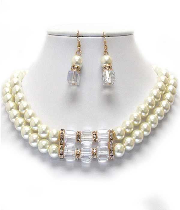Crystal and glass cube deco double pearl chain necklace earring set