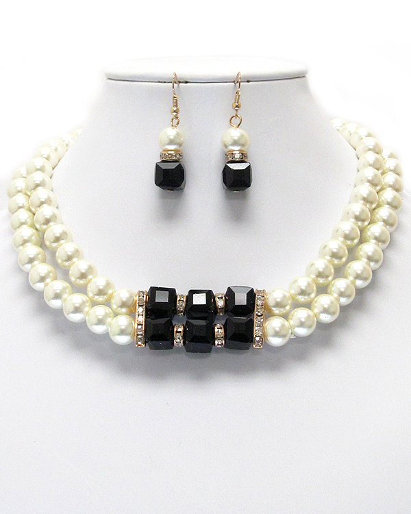 Crystal and glass cube deco double pearl chain necklace earring set