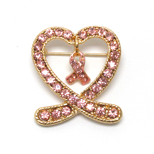 Crystal deco pink ribbon and heart brooch or pin - breast cancel awareness