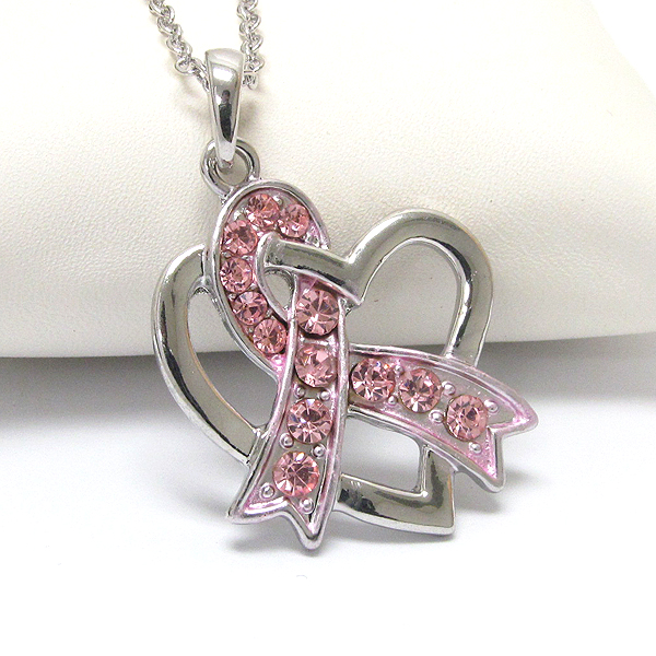 Crystal pink ribbon and heart pendant necklace - breast cancel awareness
