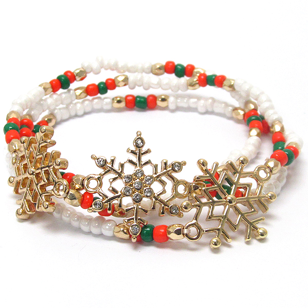 Snowflake and chipstone stretch bracelet set of 3