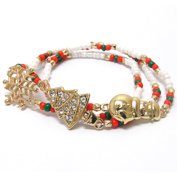 Crystal christmas tree snowflke and snowman stretch bracelet set of 3