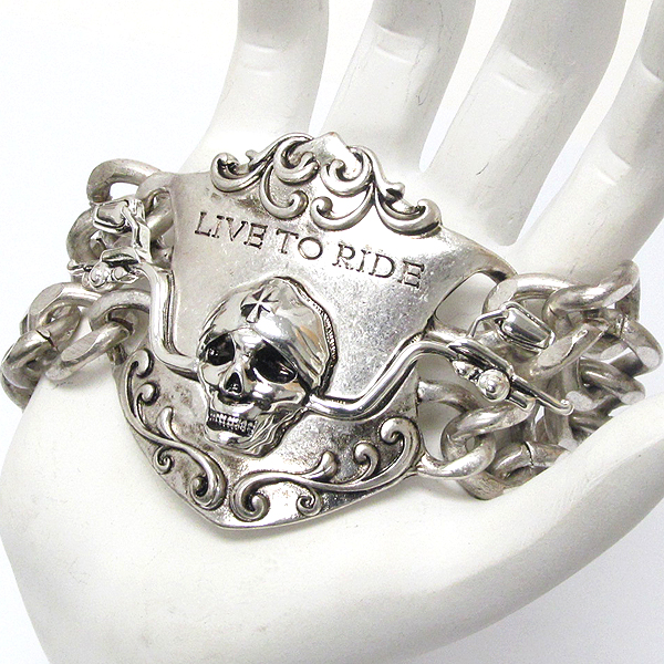 Skull and live to ride bikers double chain bracelet