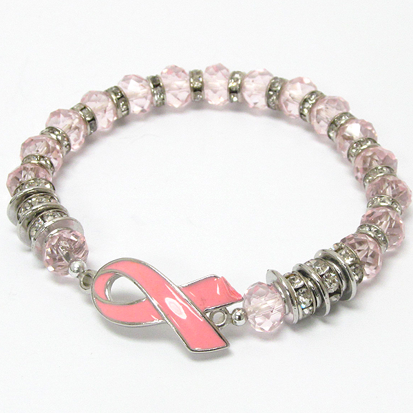 Pinkribbon and crystal rondelle stretch bracelet