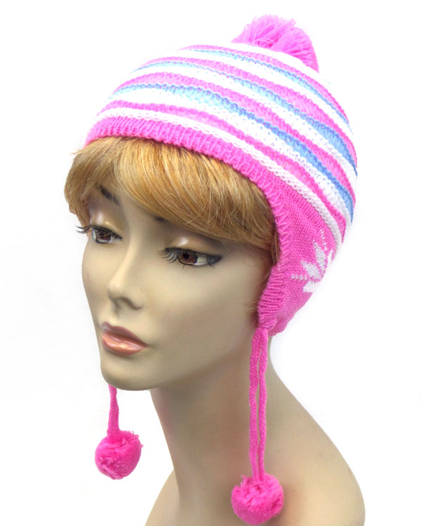 Stripes fur ball drop beanie