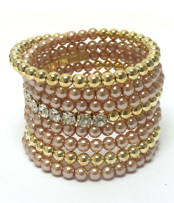 Eight layer pearl with crystals coil wrap around bracelet 