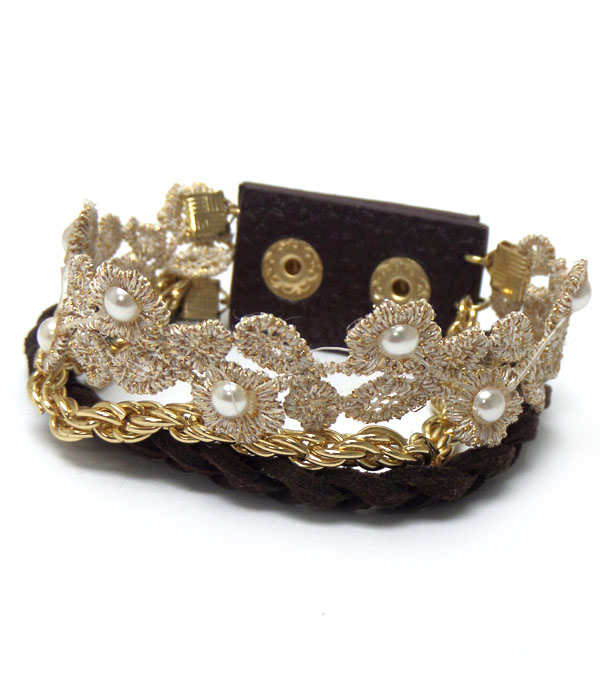 Three layer braided metal cord and lace flower bracelet 