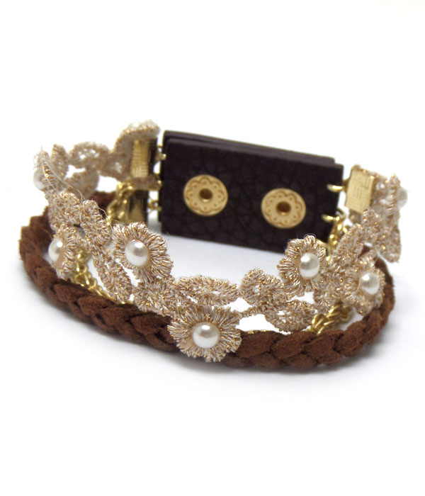 Three layer braided metal cord and lace flower bracelet 