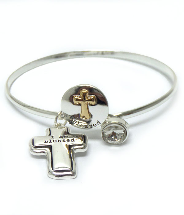 Thin metal cross message bangle bracelet