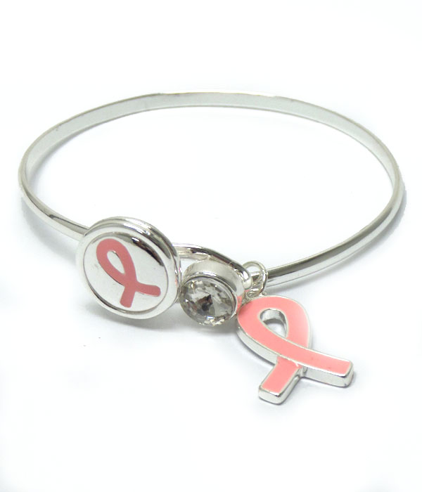 Pink ribbon metal with crystal bangle bracelet 