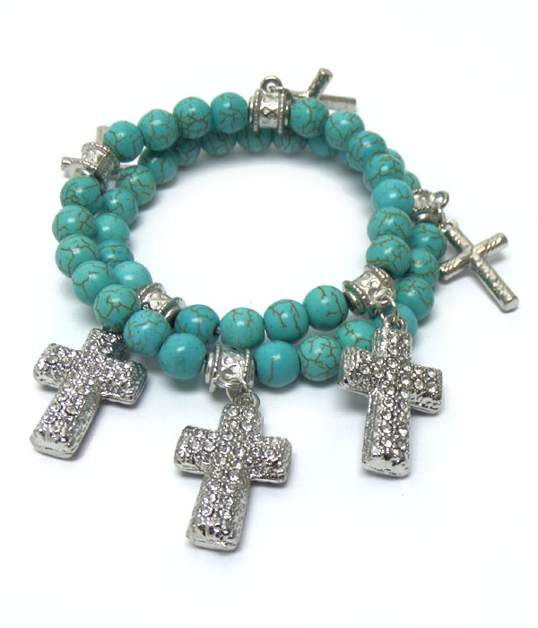 Turquoise and crystal cross wrap around stretch bracelet