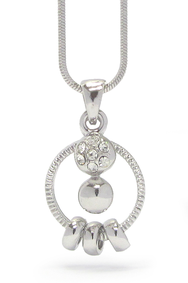 WHITEGOLD PLATING CRYSTAL CENTER AND METAL RING HOOP PENDANT NECKLACE