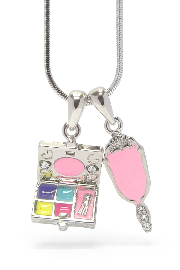 Made in korea whitegold plating crystal and epoxy art cosmetic theme dual pendant neckalce