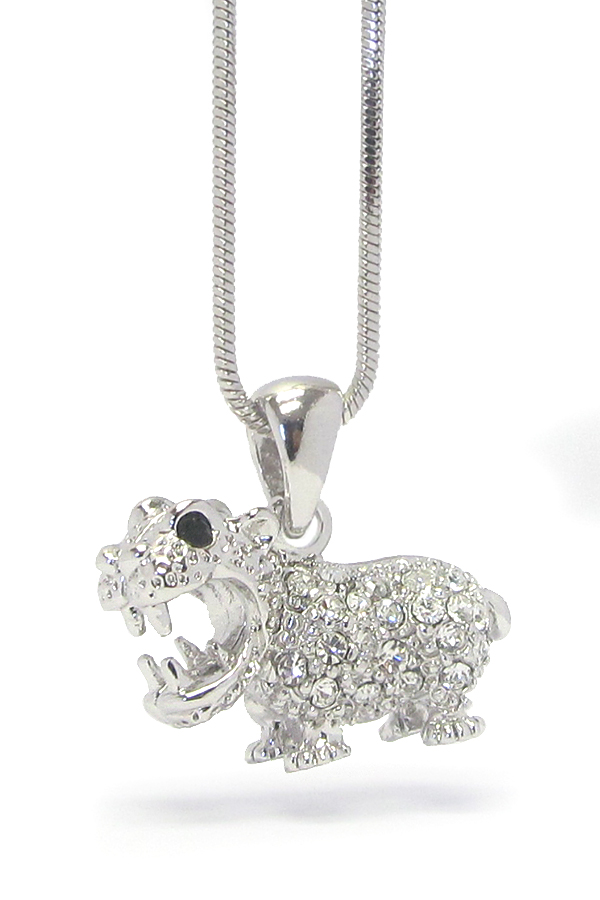 WHITEGOLD PLATING CRYSTAL HIPPO PENDANT NECKLACE