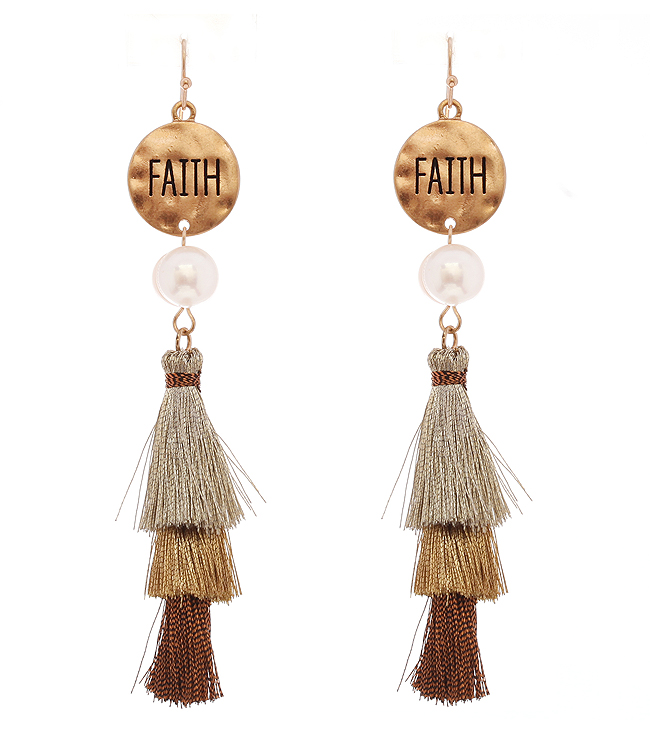 Religious inspiration pearl and thread tassel drop earring