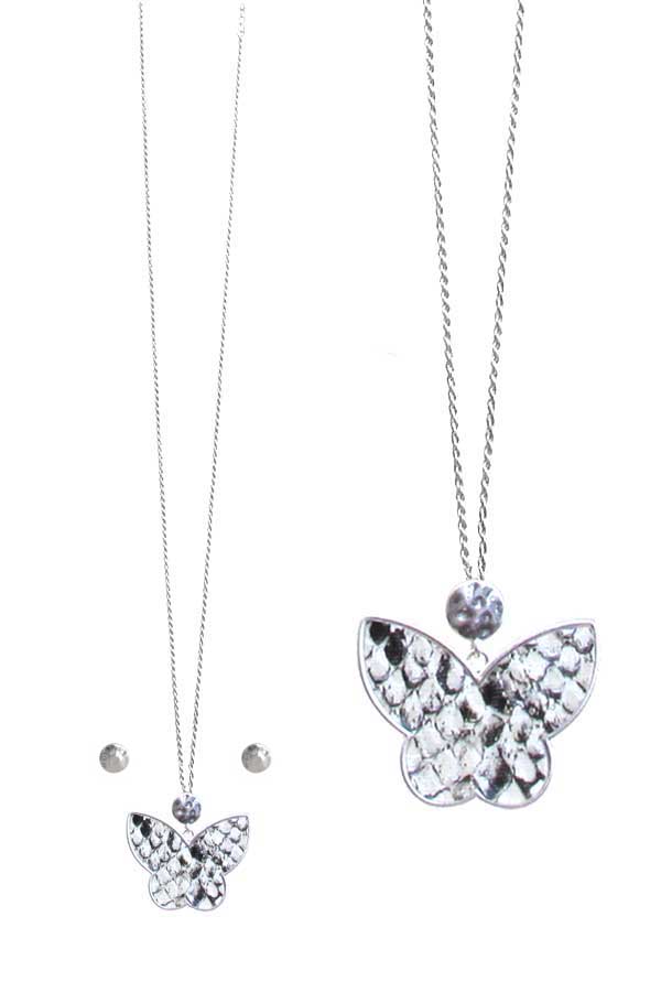 Animal print butterfly pendant long necklace set - snake skin