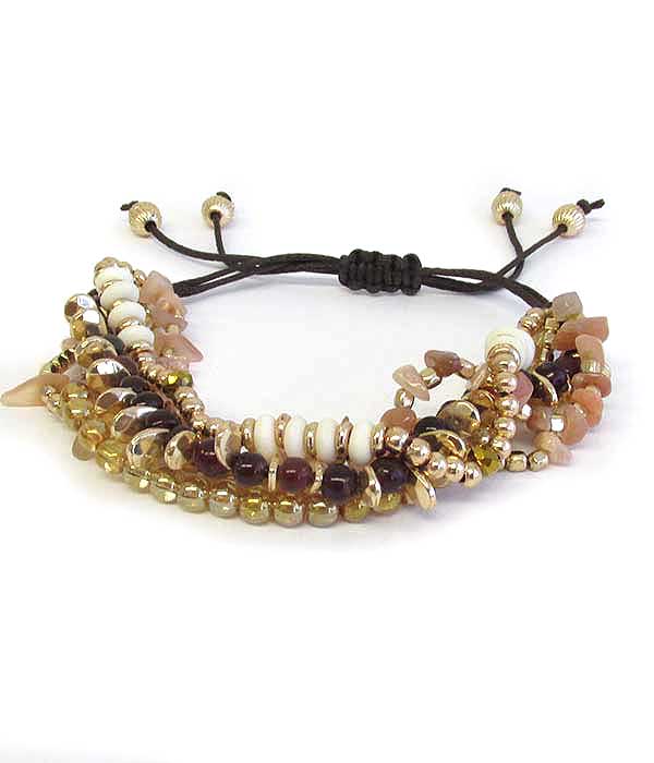 Semi precious stone mix multi strand pull tie bracelet