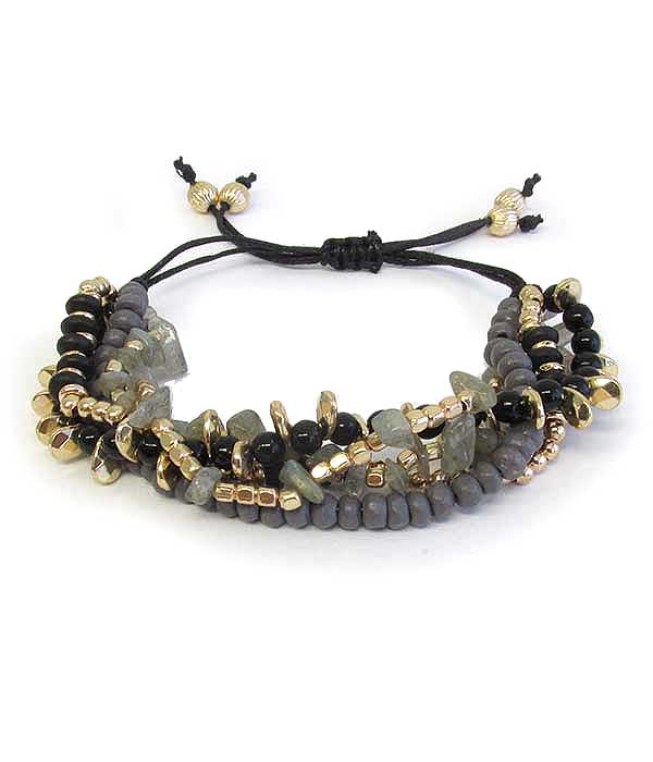 Semi precious stone mix multi strand pull tie bracelet