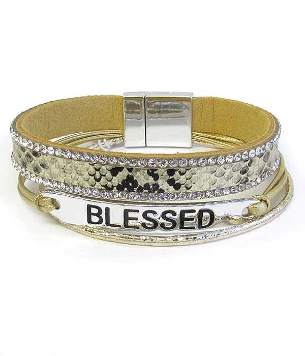 Religious inspiration animal print leatherette magnetic bracelet - blessed