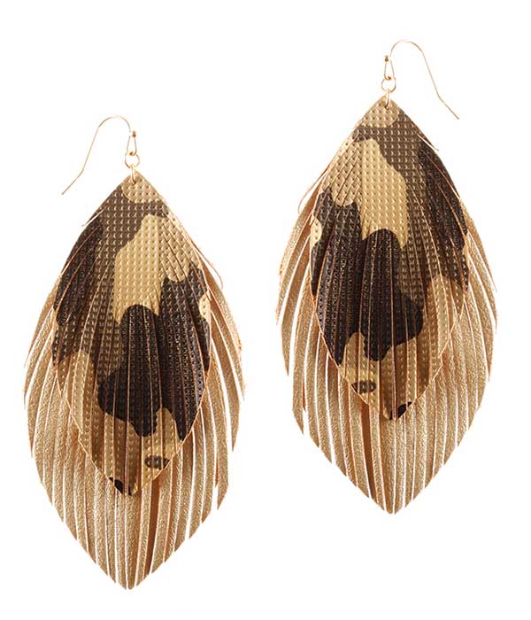 FAUX LEATHER MILITARY LOOK CAMOUFLAGE FEATHER EARRING