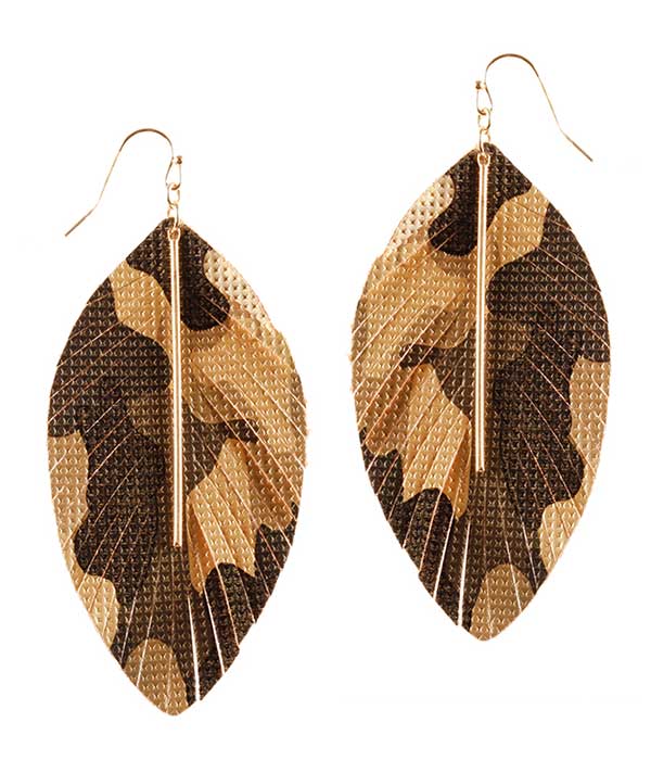 FAUX LEATHER MILITARY LOOK CAMOUFLAGE FEATHER EARRING