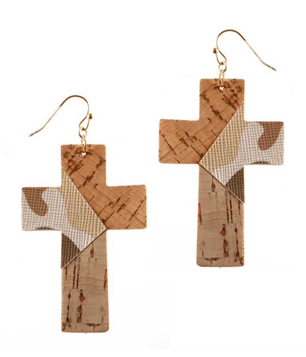 FAUX LEATHER AND CORK MIX MILITARY LOOK CAMOUFLAGE EARRING - CROSS