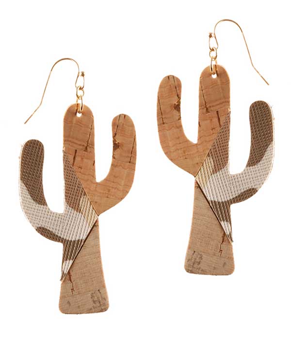 FAUX LEATHER AND CORK MIX MILITARY LOOK CAMOUFLAGE EARRING - CACTUS